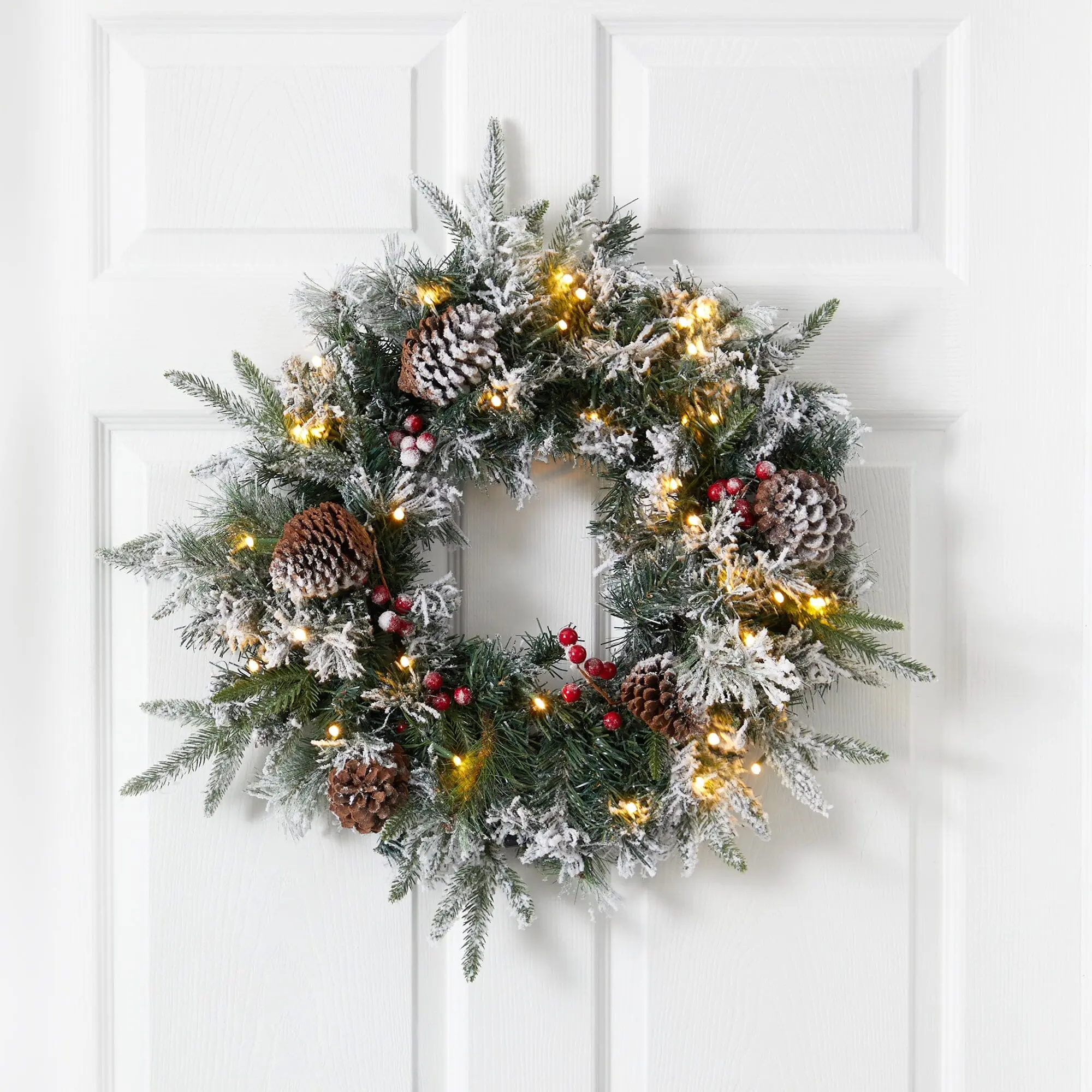 20-In Realistic Pre-Strung LED-Lit Flocked Artificial Christmas Wreath - Lighted Glowing Decor, Outdoor & Home Wall Ornament, Casual Festive Garlands & Swags for Curb Appeal, Lighted Wreath, Outdoor Decoration