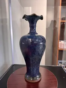 Handmade Chinese Jun Porcelain Vase, Vintage Blue-Purple Kiln-Fired Glaze Ceramic Vase, Unique Lotus Leaf Mouth Asian Art Home Decor  2（）