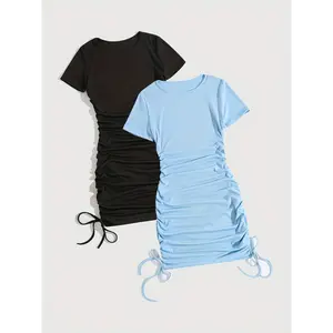 dress  summer 2pcs Women'S Summer Casual Dresses - Black and Light Blue Bodycon Tops with Drawstring Waist, Short Sleeve, Round Neck, Perfect for Adult Women, Attire|Minimalist Style|Easy Fit Top, Ladies
