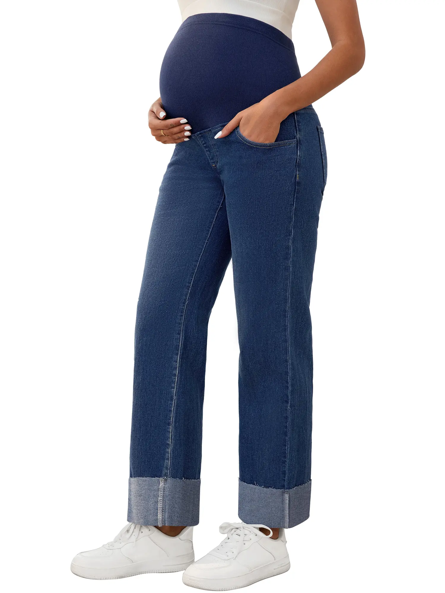 INSPIRE CHIC Women's Maternity Jeans Straight Leg Cuffed Comfy Stretch Over Belly Support Pregnant Denim Work Pants