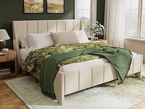 Yechen Boucle Wingback Full Bed Frame, Ivory Upholstered Platform Bed with Enclosed Footboard | Vertical Channel Tufting | Easy Assembly & Noise-Free | No Box Spring Needed