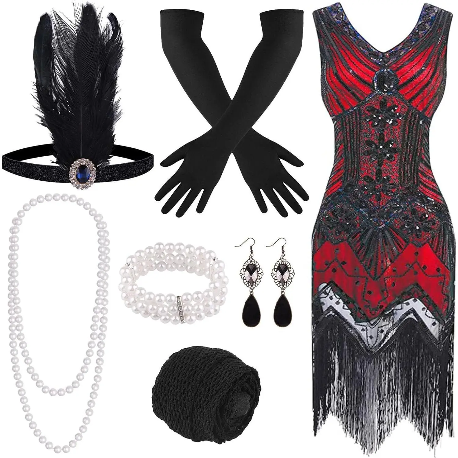 Women's 1920s V-Neck Sequin-Beaded Fringed Flapper Dress with Accessories Set - Pearl Necklace, Black Feather Headband - Costume Party, Great Gatsby Prom (Festive & Party Supplies)