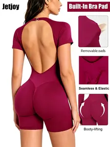 Jetjoy Women's Seamless Short Sleeve Backless  Romper – Tummy Control Compression  One Piece  Jumpsuit for Workout, Yoga, Gym &  Everyday Wear