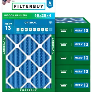 Filterbuy 16x25x4 Air Filter (6-Pack), Pleated MERV 13 Optimal Defense HVAC AC Furnace Air Filters (Actual Size: 15.50 x 24.50 x 3.63 Inches)