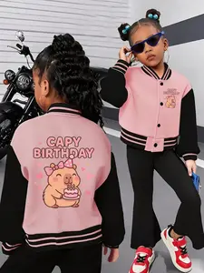 Girls' Fall Winter Baseball Jacket, Cartoon Print, Casual Fashion, Outdoor Sports Style, Colorblock Design, Ages 4-13, All Seasons