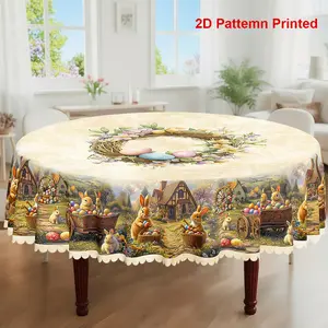 1pc, Easter Themed Party Tablecloth, Spring Summer Rabbit Wreath Colored Eggs Floral Country Style Printed Design, Rectangular/Round/Oval Table Cloth, Embossed Edge, Kitchen Dining Outdoor Picnics Dinner Decor Ideal