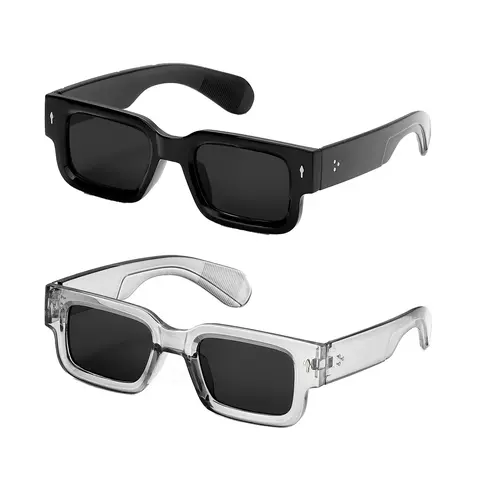 2 Pack Retro Square Sunglasses for Men Women, Black & Transparent Frame Streetwear Shades, Stylish Streetwear Shadesfor Summer Beach, Travel and Daily Outdoor Scenes