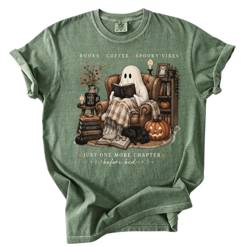 Books Coffee Spooky Vibes Shirt | Ghost Reading Graphic Tee, Cozy Bookish Fall T-Shirt-Vannis Clothings
