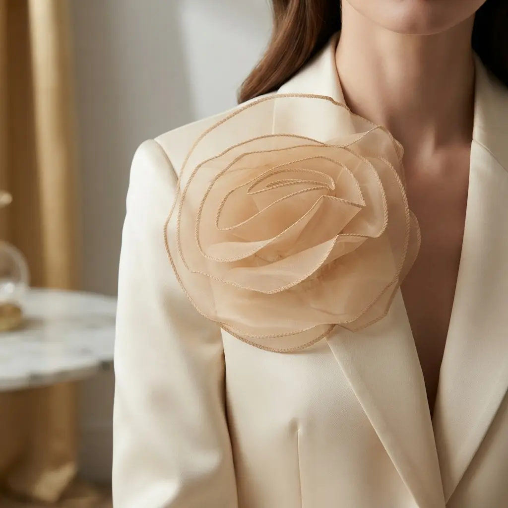 24 cm/9.45 in Multi-Color Edge-Locked Organza Rose Brooch, Handmade Large Floral Sewing Appliqué, Delicate Dress Decor Embellishment for Dress Shoulders and Waist, Ideal for Bridal Gowns & Formal Wear