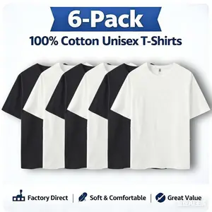 Men's 6-Pack 100% Premium Cotton Classic Plain Simple Short-Sleeve T-Shirts, Unisex Standard Fit, Soft Comfortable Fabric, Solid Color Round Neck Menswear Top, Factory Direct Supply, Sports & Casual Style Black Crewneck men's t shirts funny t-shirts meme
