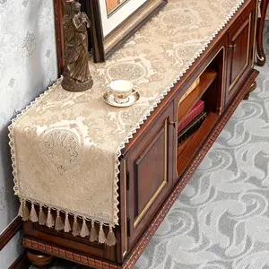 Elegant Gold Blue Floral Lace Table Runner, Perfect for Dining Tables. Ideal for Home Decoration, Kitchen, and Vintage Living Room or Bedroom Settings. This Extra Long Table Runner is Perfect for Coffee Table Decoration, Weddings, and Coffee Bars