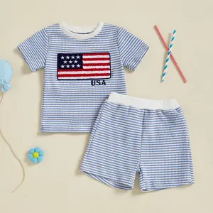 2-piece set of American flag for male infants and young children, waffle knit striped T-shirt and shorts set, patriotic summer casual wear for July 4th (0-4Y)