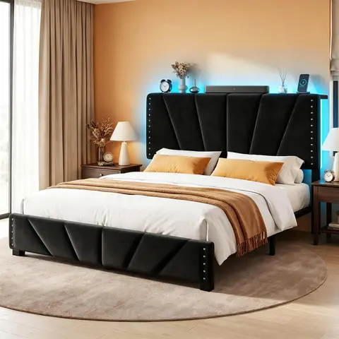 Raybee Upholstered Bed Frame with LED Lights & Charging Station, Velvet Platform Twin Full Queen King Size Bed Frame with Shelf & Underbed Storage, Bedroom Furniture No Mattress, Noise Free, Holds 880LBS, Wood Slats & Metal Frame, Beige, Gray