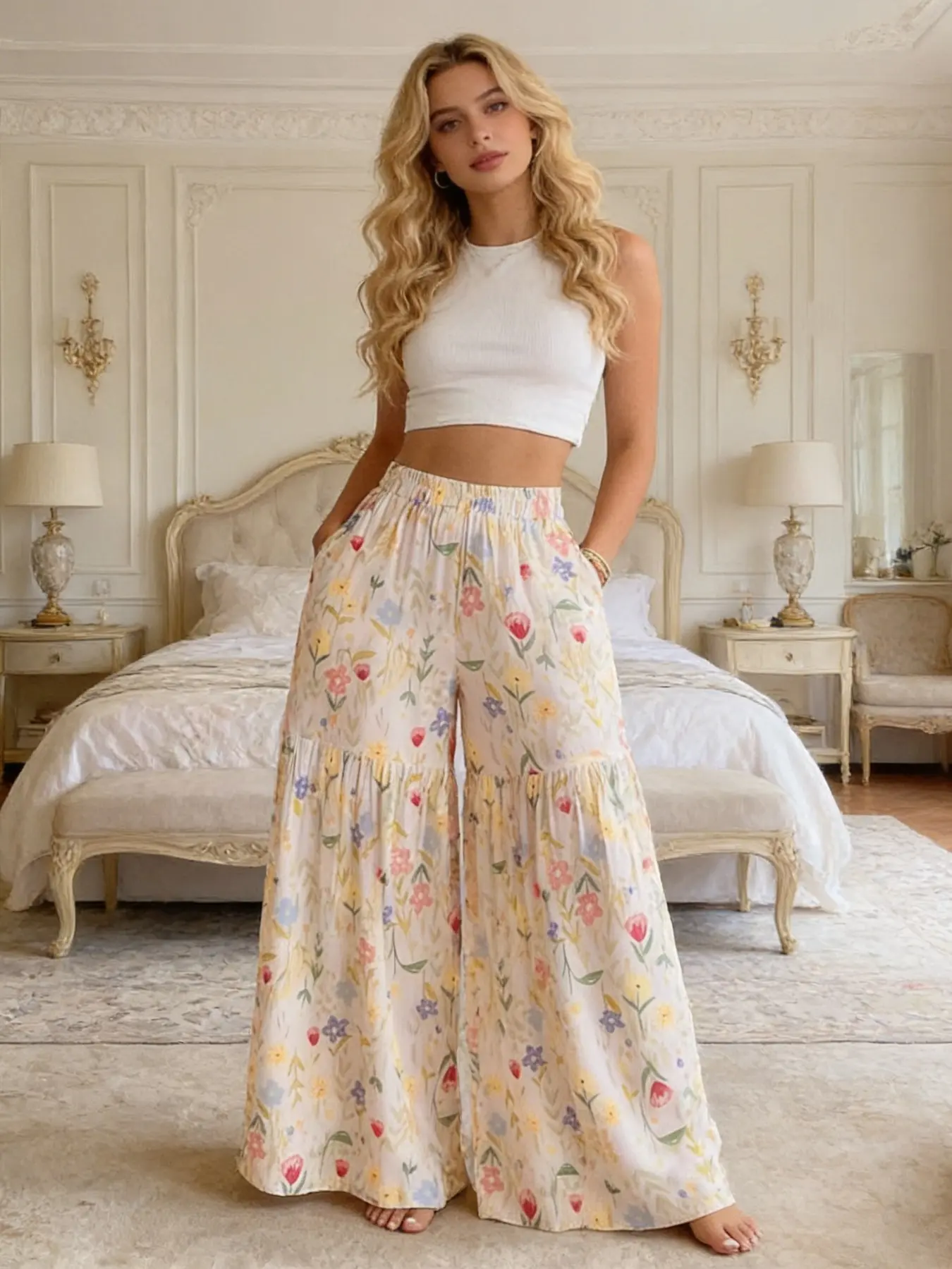 French Countryside Floral Leopard Print Wide Leg Pants, High Waist Pleated Swing Pants with Pockets, Breathable Casual Loose Fit Elegant