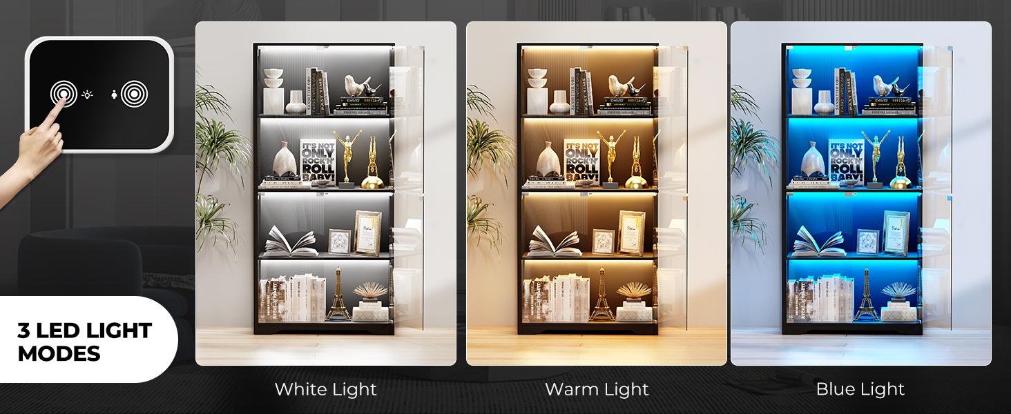MIIFUNY Display Cabinet with Glass Doors, Storage Cabinet with 3 Color Light, 4-Tier Curio Cabinet&Bookcase for Collectibles, Toys, Books, for Playroom, Bedroom, Study Room, Black