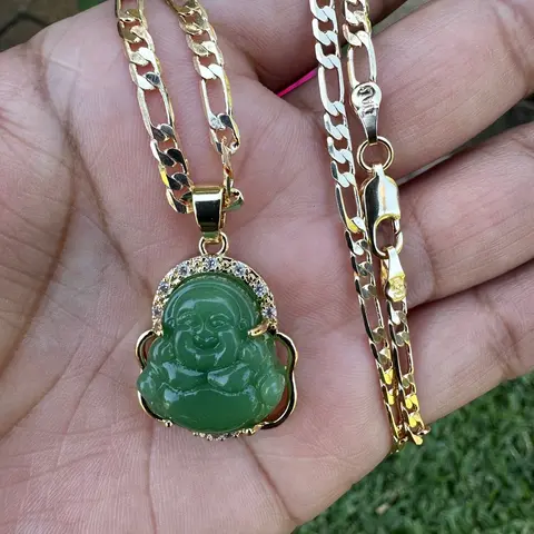 Buddha Necklace in Green Pink Purple Yellow Black with Figaro Chain Tarnish-Free Charm for Versatile Gifting