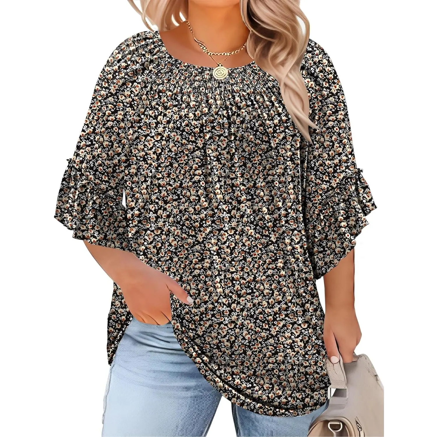 Women's Curvy Plus Size Blouses, 3/4 Ruffle Sleeve Crewneck Pleated Tunic Tops, Women's Fashion Office Work Clothes (1X-5X) Style Inspo,clothes for back to school,first day of school outfits