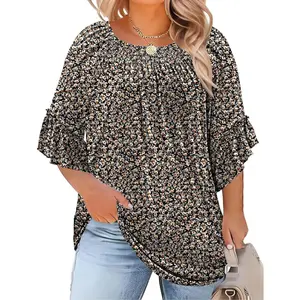 Womens Plus Size Tops 3/4 Ruffle Sleeve Shirts Crewneck Pleated Blouses Dressy Casual Fashion Tunic Top (1X-5X)