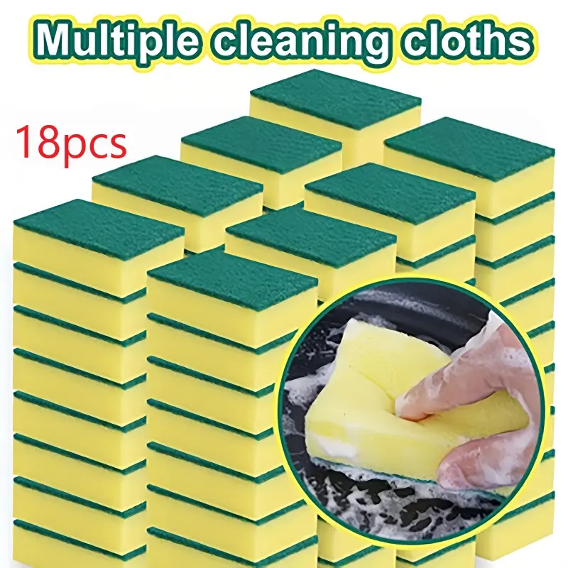 18pcs Kitchen Sponge Set, Scrub Sponges, Multi-Functional, Super Absorbent, Rust & Oil Stain Remover, Sponge With Handle, Dual-Layer Handle Design, Ideal for Utensils, Cookware, Furniture Cleaning