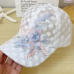 Women's Korean Style Embroidered Floral Mesh Integration Baseball Cap - Breathable Lace Sun Hat with Solar Protection for Beach, Travel & Everyday Styling, Embroidered Floral Hats, Mesh Integration Hats