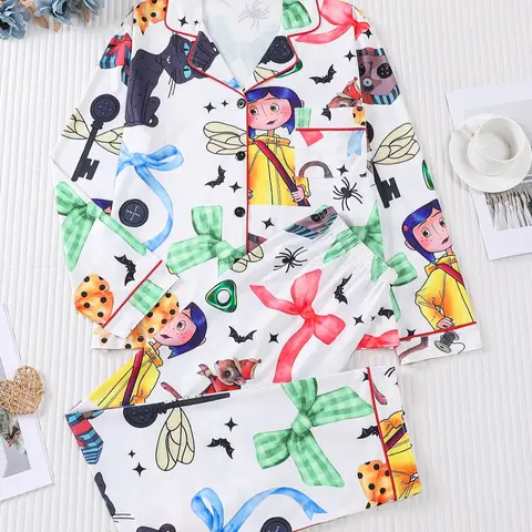 2 pieces of women's Halloween blue hair girl bow, black cat, spider graphic print, knit long sleeved pants, pajamas set, Loungewear Sleepwear, top pocket suitable for all seasons, comfortable