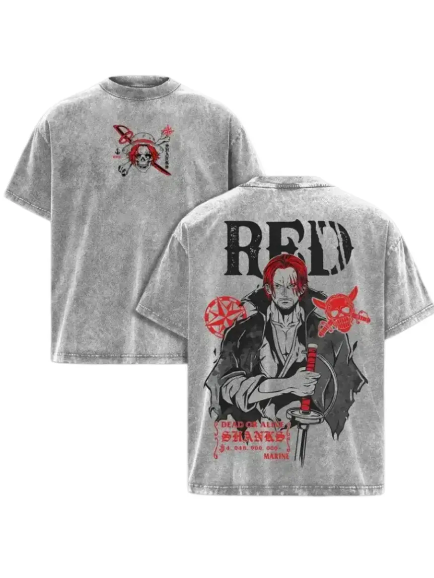 Men's Retro Limited Shanks Red 1 Piece Oversized Anime Graphic Tee - Y2K Double-Printed Acid-Washed Cotton Unisex Streetwear Top, Manga Lover Gift Merch round neck style