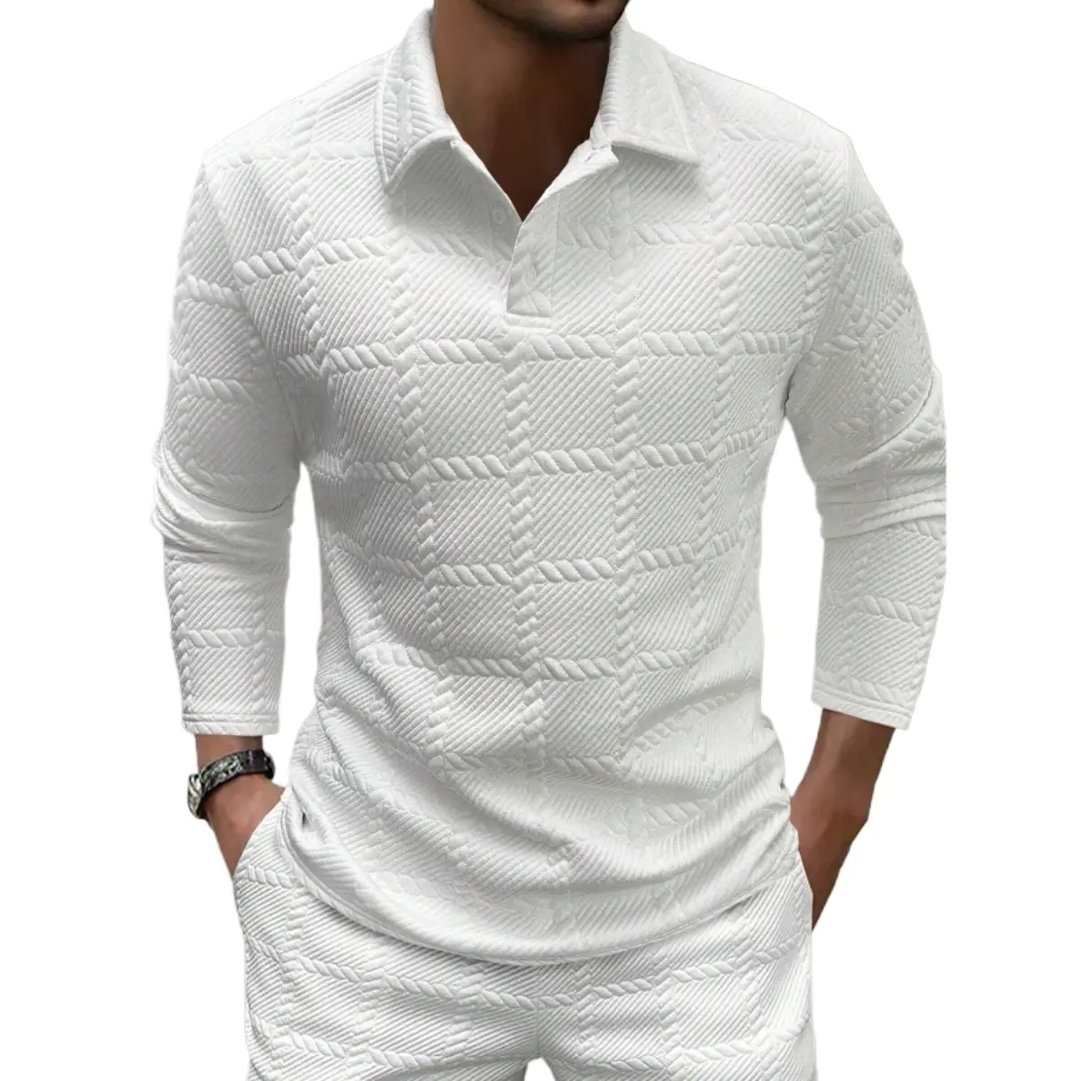 Men's Tropical Polo Shirt, Fitted Long-Sleeve V-Neck Top with a Textured Weave, Casual Sporty Spring-Autumn Style, Stylish, Polyester
