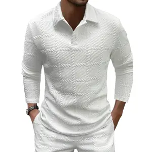 Men's long-sleeve solid color textured polo shirt with a V-neck and checkered design, suitable for spring and autumn, perfect for casual everyday wear.