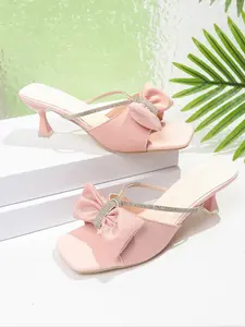 Women's Bow & Rhinestone Detail Square Toe Kitten Heel Mules, Elegant Style Shoes, Comfortable & Durable Design #KittenHeels #Mules #BowDetail #Rhinestone #WomensFootwear