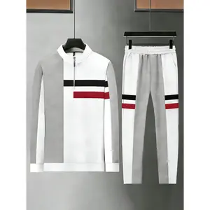 High-End Patchwork Men's Tracksuit, Half-High Collar Zipper Design Commuter Sweatshirt & Pants Two-Piece Set