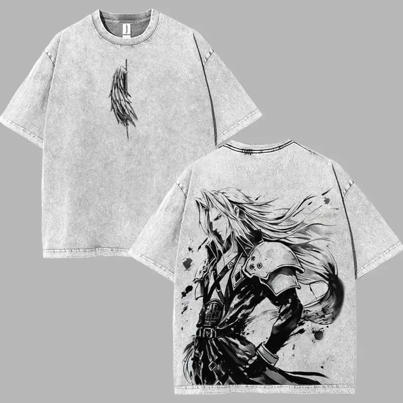 Sephiroth main villains one wing angel final fantasy vii action rpg art Game Washed Tshirt hoodie 2 Sided Cotton Unisex Menswear 90s graphic tees streetwear clothes video gamer t-shirt PQ7