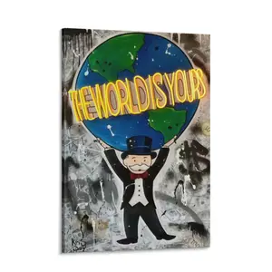 Monopoly Graffiti "The World Is Yours" Canvas Wall Art Poster, Money Street Art Print, Modern Bedroom Living Room Decor, Unframed or Gallery Wrapped Canvas