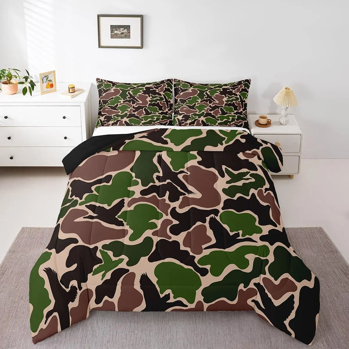 Kids Camo Duck Bedding Set Full Size Duck Hunter Duvet Quilt for Boys Girls Bedroom Decor Farmhouse Green Brown Comforter Set Breathable Soft Microfiber Camouflage