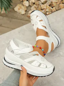 Women's Hollow Out Wedge Heel Thick Sole Invisible Height Boost Velcro Sports Casual Shoes, Comfortable PU Leather Rubber Sole