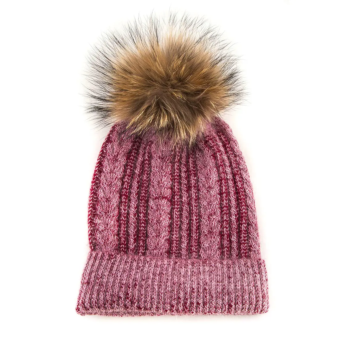 Fur Pom Angora Cable Knit Angora Beanie
