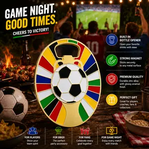GLAD & HANDY Soccer Fridge Magnet Bottle Opener, Magnetic Beer Opener with Cap Catcher, 360° Rotating Center, Zinc Alloy Enamel Sports Gift for Game Night, BBQ, Tailgate Party