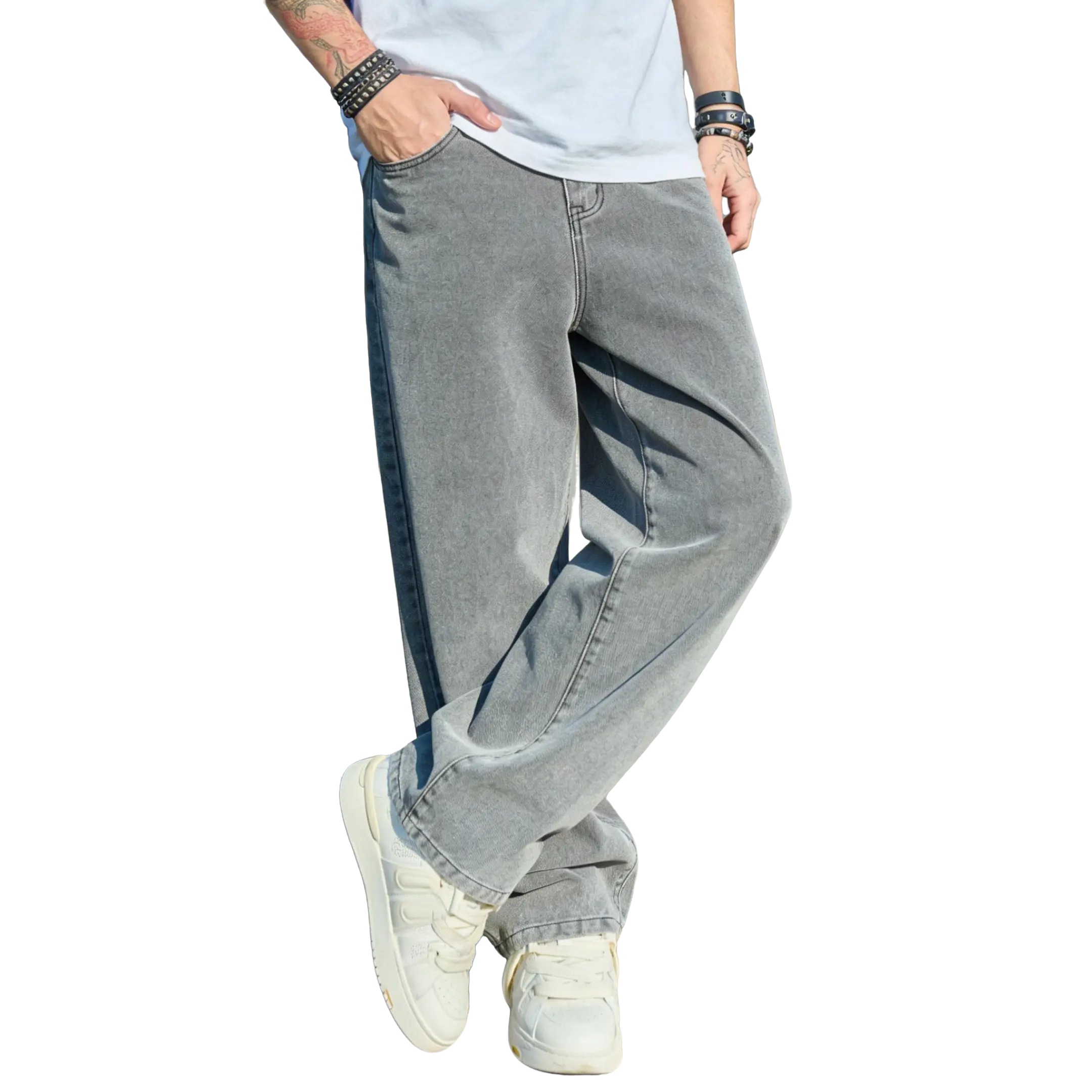 Men's Fashion Grey Wide Leg Denim Jeans, Stone Wash Loose Baggy Ankle Pants for Thick Thigh, Soft Cotton American Style Urban Streetwear Bottoms