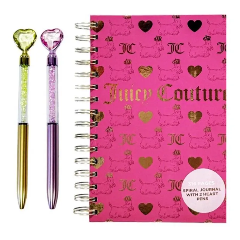 Juicy Couture Royalty Pooch Print Notebook Set with 2 Smooth Writing Retractable Heart Gel Pens, Office Stationery Supplies, Writing Stationery