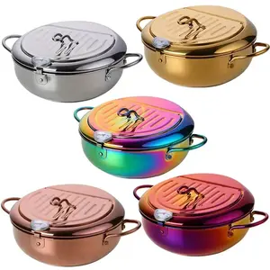 giftsMultifunctional 304 Stainless Steel Frying Pan with Oil Thermometer, Dual Layer Bottom, Commercial & Home Use, Tempura Fryer, Tempura Frying Pot