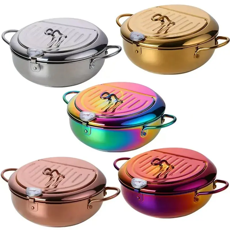 giftsMultifunctional 304 Stainless Steel Frying Pan with Oil Thermometer, Dual Layer Bottom, Commercial & Home Use, Tempura Fryer, Tempura Frying Pot