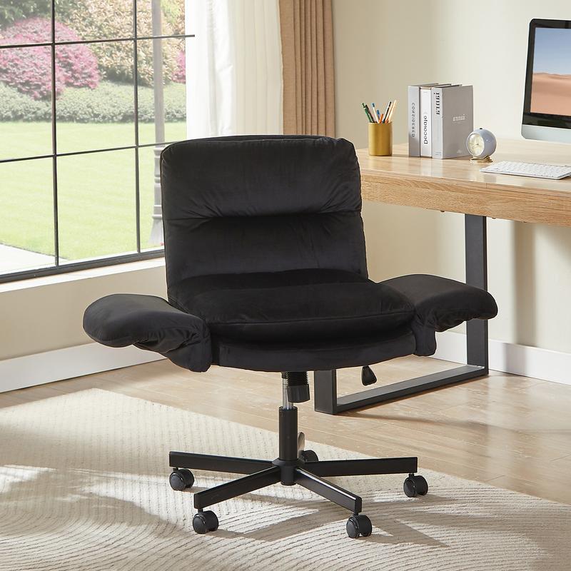 Ergonomic Cross-Legged Office Chair with Flip-Up Arms, Swivel Wheels & Adjustable Backrest for Computer Office Desk