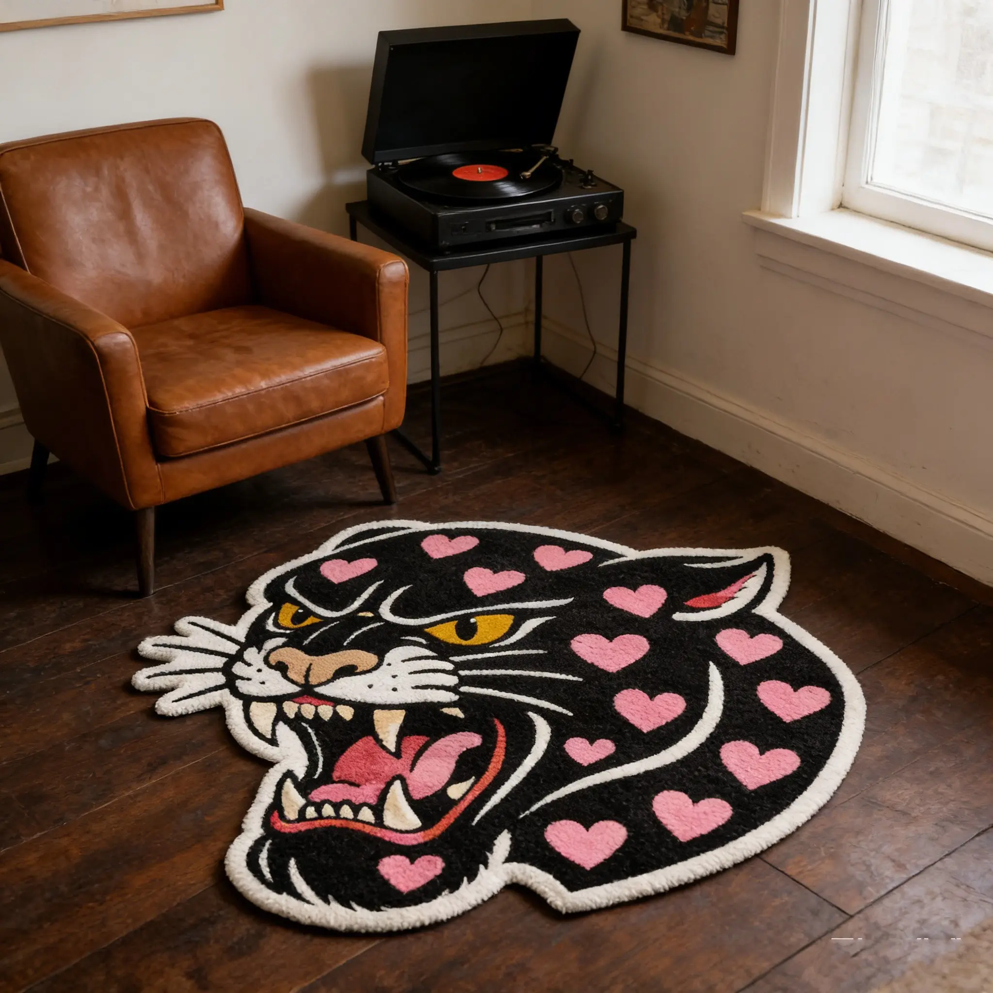 Unusual Shape Sweet Cool Playful Style American Trendy Heart Pattern Roaring Tiger Design Carpet Rug, Soft Comfortable Washable Mat for Living Room Bedroom, Creative Floor Mat, Home Decor Rugs, Home Decorative Rug
