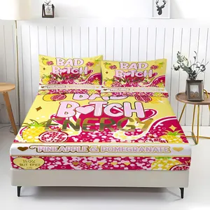 3pcs "Bad Bitch Energy" Printed Bed Sheet Set, Vibrant Pop Art Style Bedding Set, Soft Microfiber Fabric And Playful Fruit Pattern, 1 Bed Sheet And 2 Coreless Pillowcases, Suitable For Fashionable Home Decoration