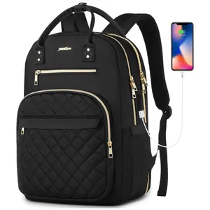 YAMTION 15 Inch Large Quilted Laptop Backpack with USB Charging Port & Gold Hardware, Water Resistant Convertible Backpack for Women, Students, Work, Business & Daily Commute