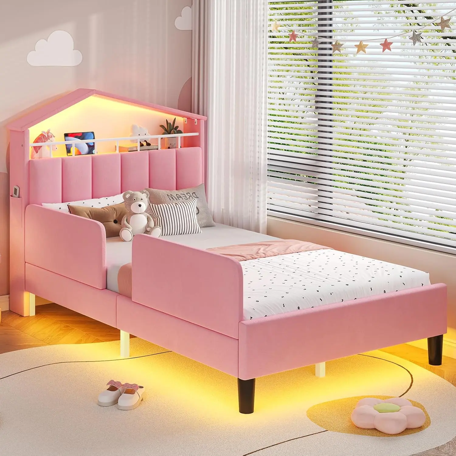 [SummerSale] Sikaic Twin Size Bed Frame with LED Lights, Velvet Upholstered Platform Bed for Girls, Princess Bed with Safety Guardrail, Headboard with Charging Station & Hidden Storage, No Box Spring Needed, Home Furniture, Dorm Essentials