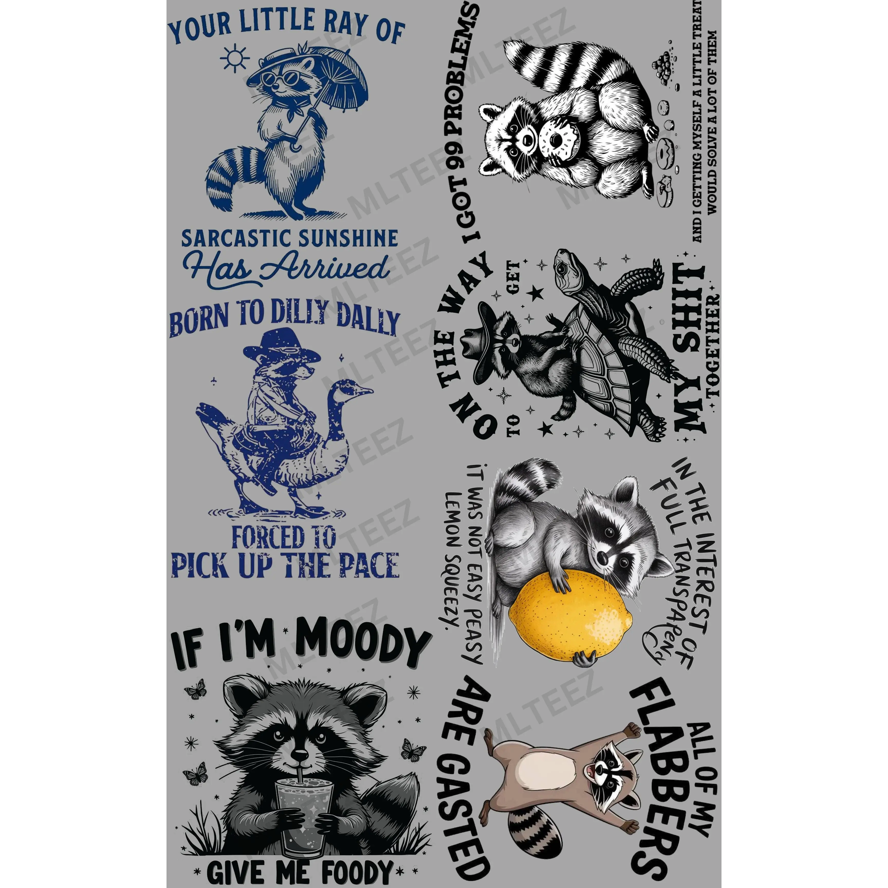 Silly  Raccoons (1) PREMADE GANGSHEET  - 22X36 DTF TRANSFERS - DIRECT TO FILM