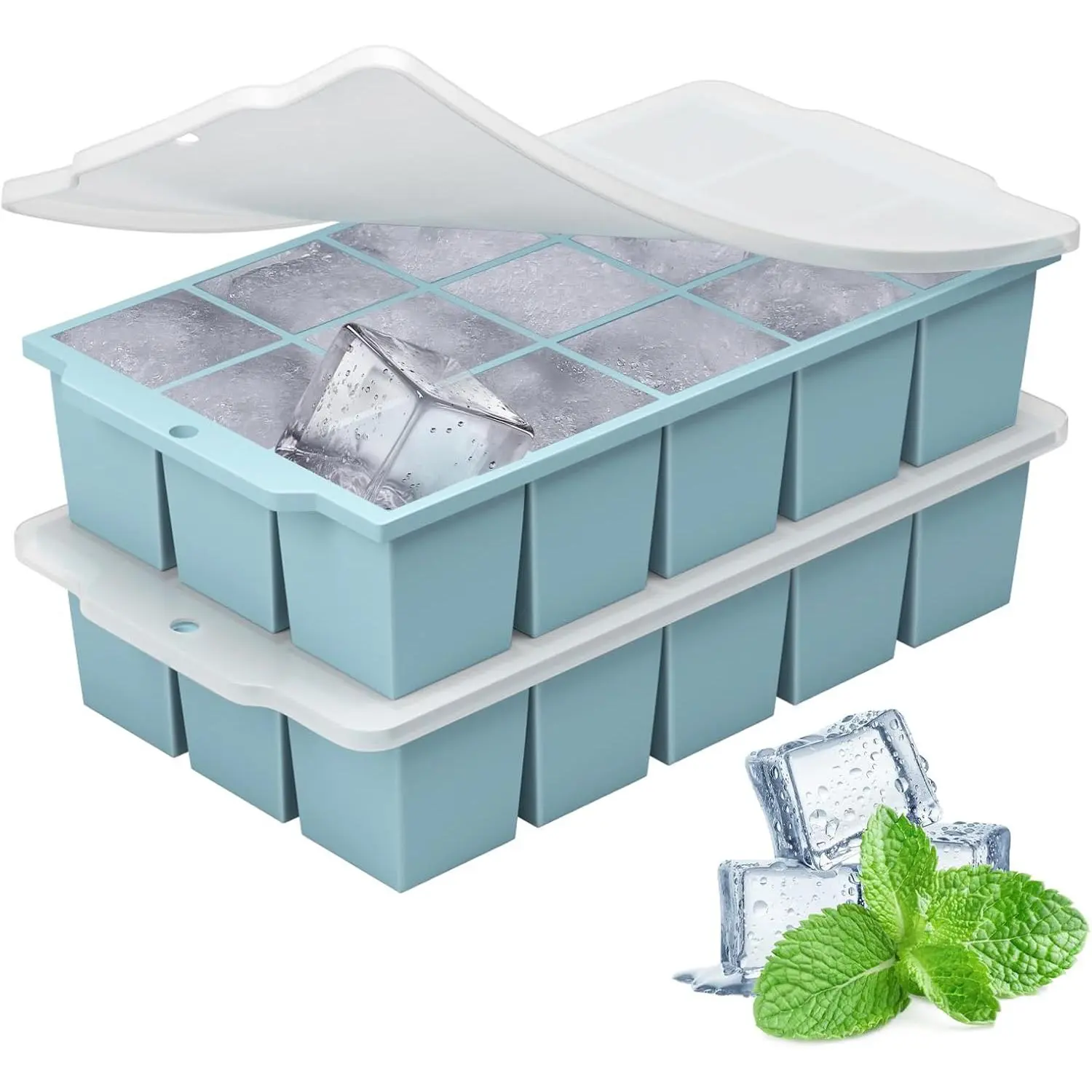 Kitchen Ice Cube Tray Set - 2-Pack Blue Stackable Ice Molds with Locks, Easy-Release Flexible 15-Square Freezer Utensils
