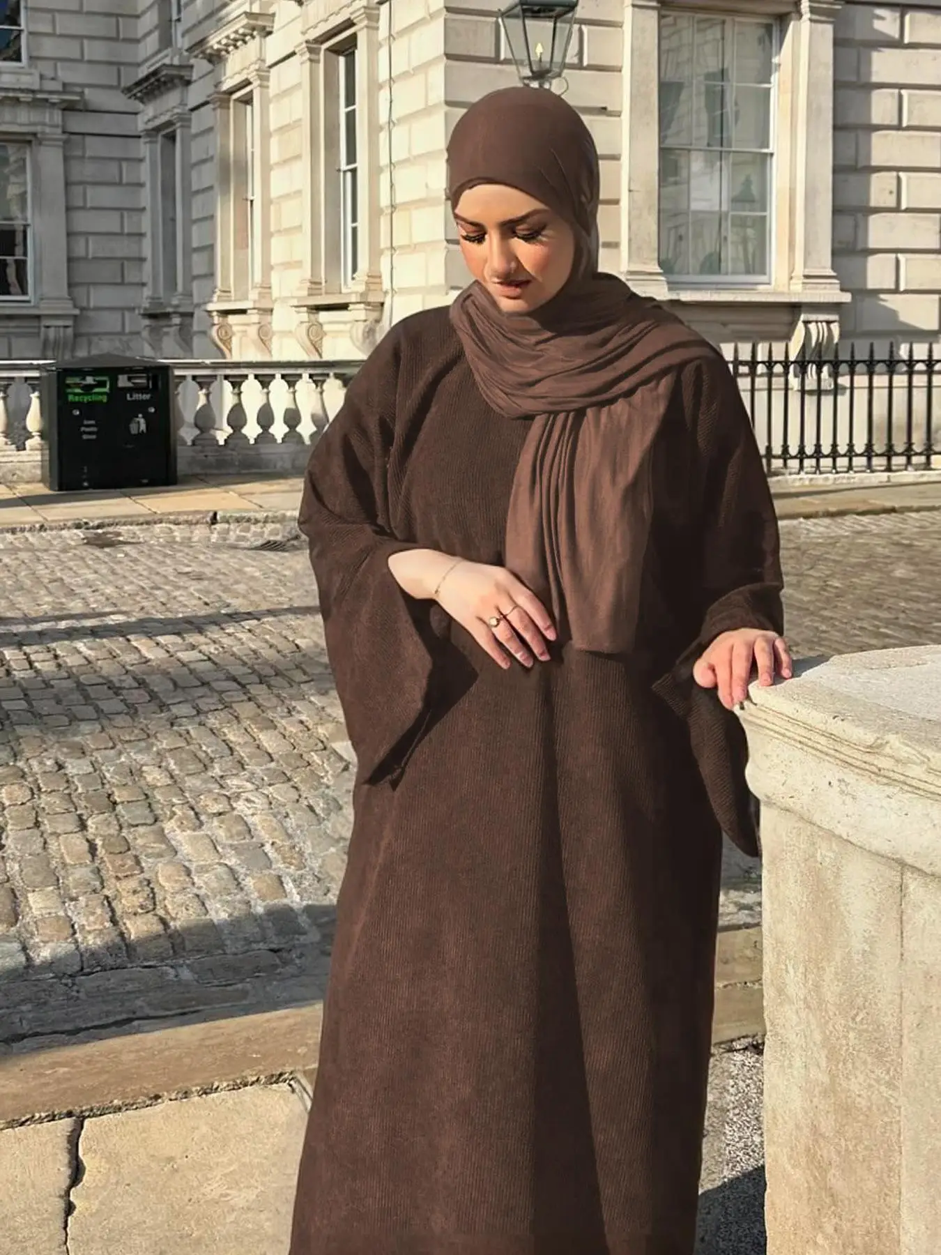 Women's Solid Corduroy Arabian Dress without Hijab, Modest Casual Long Sleeve Round Neck Dress for Daily Wear, Ladies Islamic Clothing for All Seasons