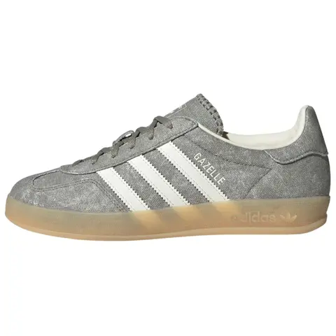 Women's Adidas Gazelle Classic Indoor Sneakers - Silver Pebble Canvas, Round Toe, Laced, Striped, All-Season Athletic Sports Footwear, Shoe