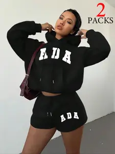 Women's Fall Winter Fashion Ada Letter Print Kangaroo Pocket Fleece Sweatshirt, Casual Warm Pullover for Daily Wear & Teens